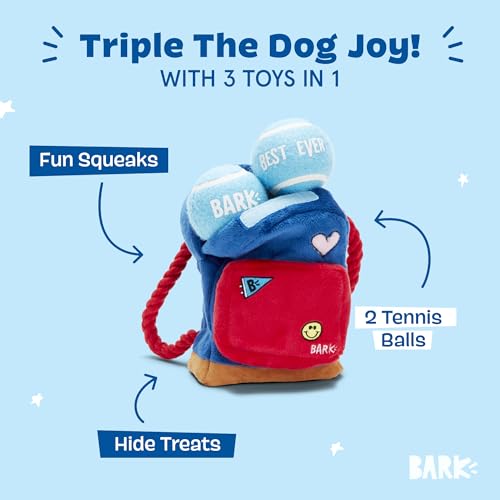 BarkBox Janspup Backpack Interactive Plush Dog Toy – Small, Squeaky, with Tennis Balls