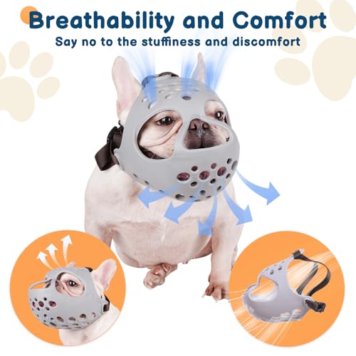 BARKLESS Dog Muzzle for Short Snout, Soft Silicone Muzzle for French Bulldogs Boston Terriers Flat-Faced Breeds, Size S (13-14.5 inches), Grey