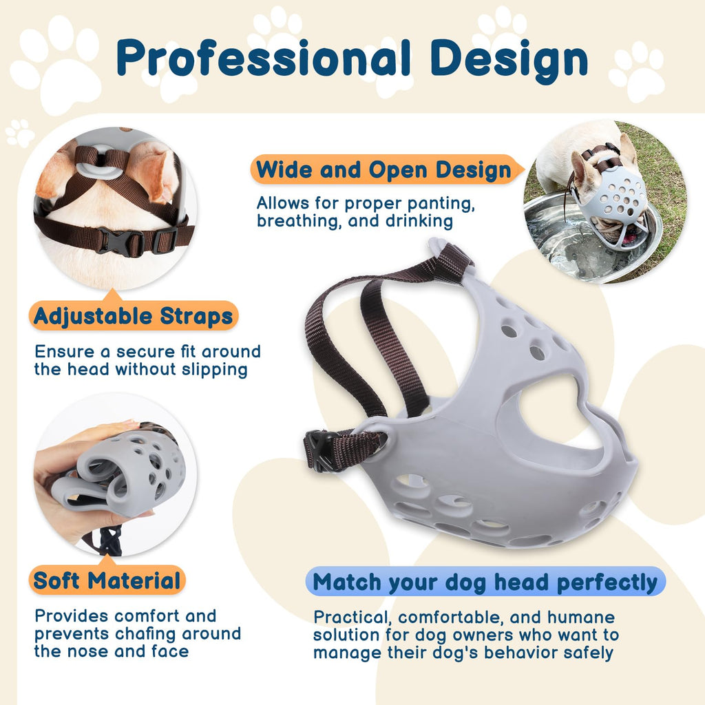 BARKLESS Dog Muzzle for Short Snout, Soft Silicone Muzzle for French Bulldogs Boston Terriers Flat-Faced Breeds, Size S (13-14.5 inches), Grey