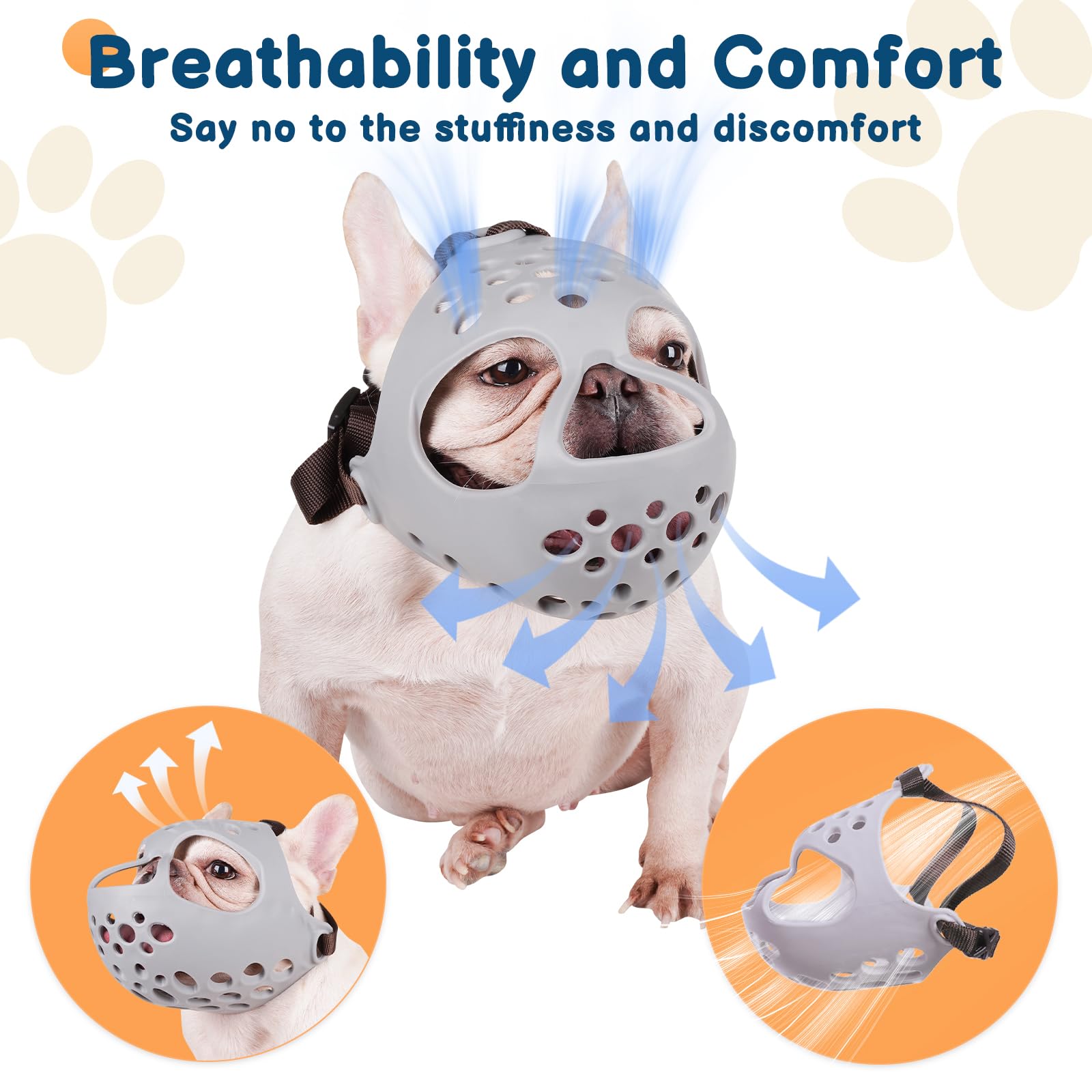 BARKLESS Dog Muzzle for Short Snout, Soft Silicone Muzzle for French Bulldogs Boston Terriers Flat-Faced Breeds, Size S (13-14.5 inches), Grey
