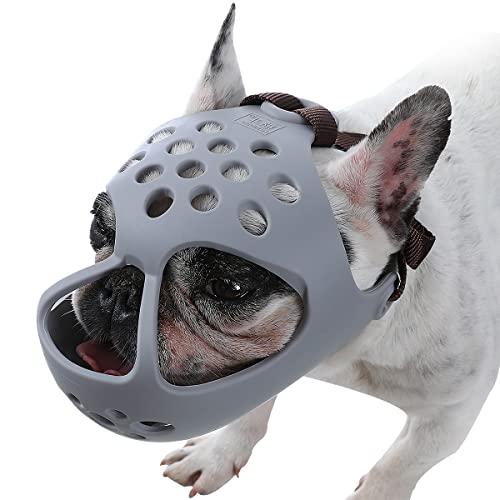 BARKLESS Dog Muzzle for Short Snout, Soft Silicone Muzzle for French Bulldogs Boston Terriers Flat-Faced Breeds, Size S (13-14.5 inches), Grey