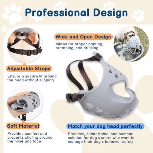 BARKLESS Dog Muzzle for Short Snout, Soft Silicone Muzzle for French Bulldogs Boston Terriers Flat-Faced Breeds, Size S (13-14.5 inches), Grey