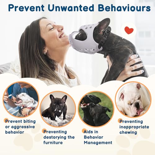 BARKLESS Dog Muzzle for Short Snout, Soft Silicone Muzzle for French Bulldogs Boston Terriers Flat-Faced Breeds, Size S (13-14.5 inches), Grey