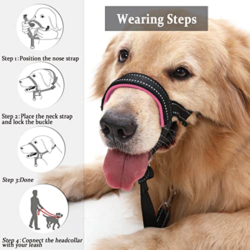 BARKLESS No-Pull Dog Head Halter - Soft Neoprene Padding, Reflective, Size L for Large Dogs (Pink)
