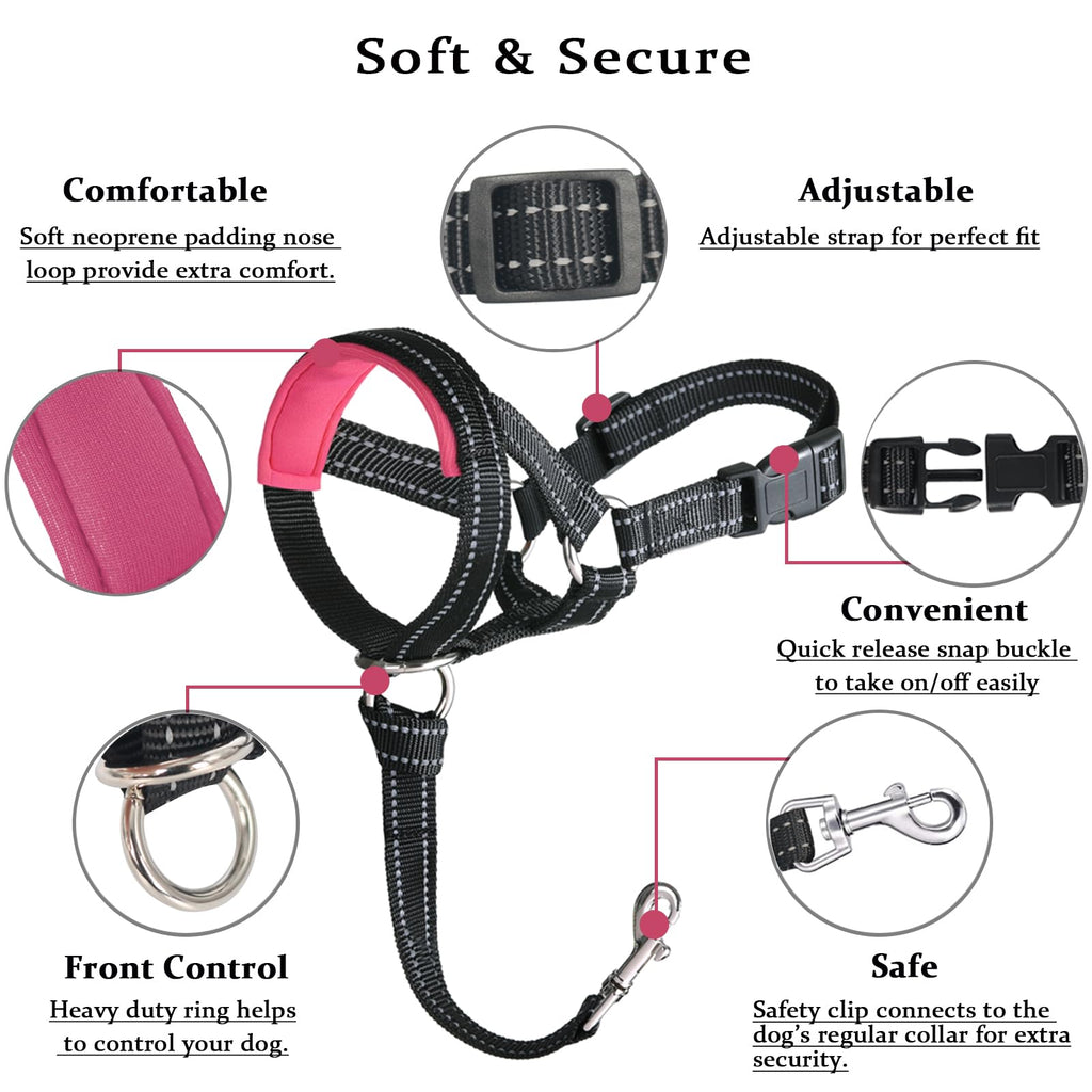 BARKLESS No-Pull Dog Head Halter - Soft Neoprene Padding, Reflective, Size L for Large Dogs (Pink)