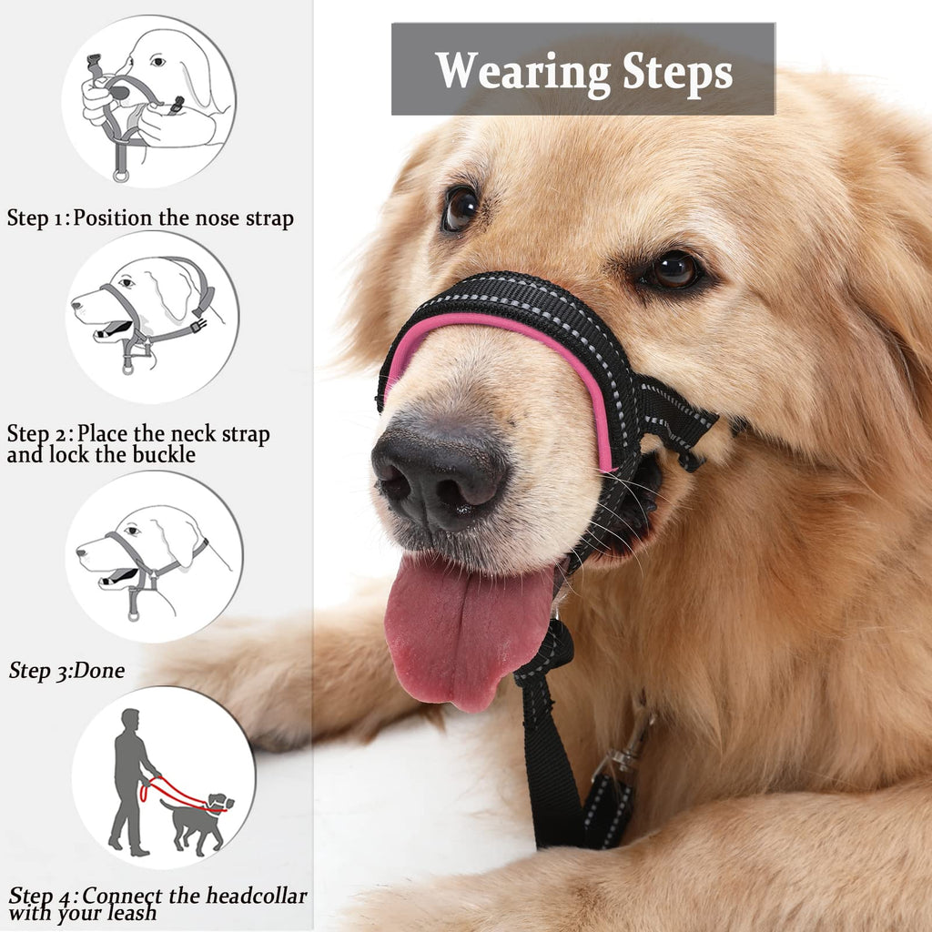 BARKLESS No-Pull Dog Head Halter - Soft Neoprene Padding, Reflective, Size L for Large Dogs (Pink)