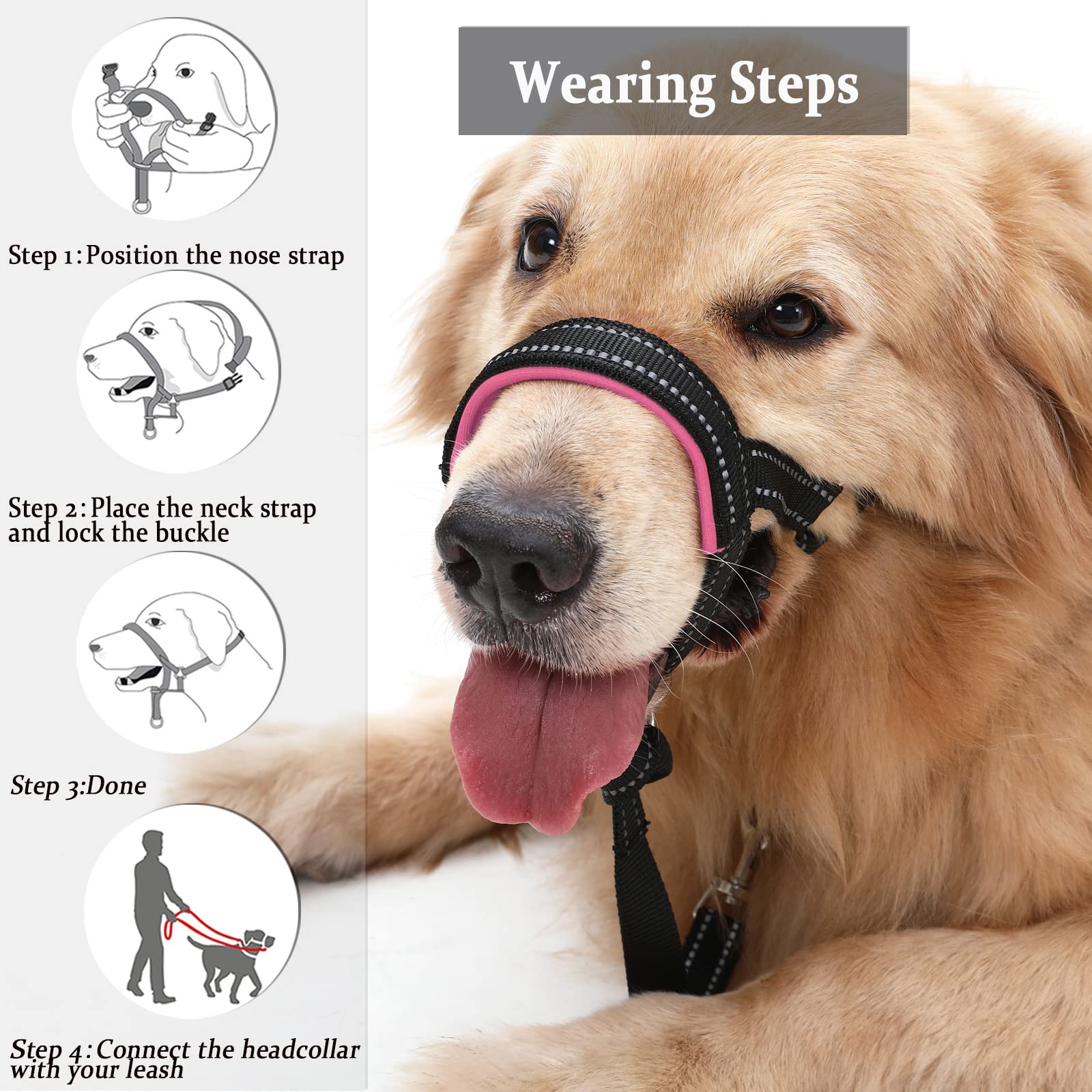 BARKLESS No-Pull Dog Head Halter - Soft Neoprene Padding, Reflective, Size L for Large Dogs (Pink)