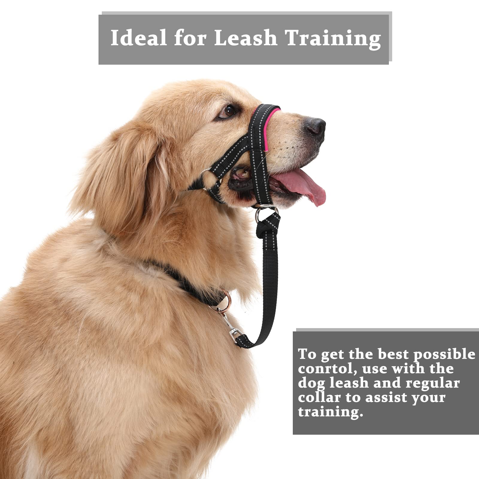 BARKLESS No-Pull Dog Head Halter - Soft Neoprene Padding, Reflective, Size L for Large Dogs (Pink)