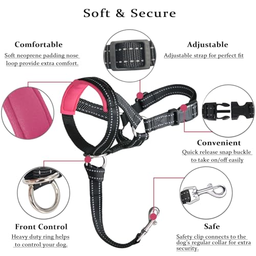 BARKLESS No-Pull Dog Head Halter - Soft Neoprene Padding, Reflective, Size L for Large Dogs (Pink)