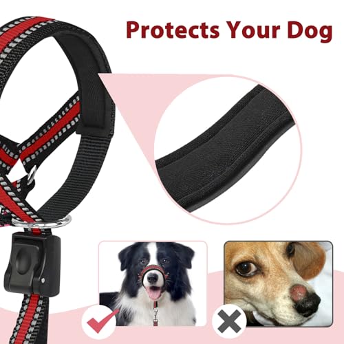 BARKLESS Soft Dog Head Collar - Padded No Pull Head Halter, Red, Size L for Medium Large Dogs