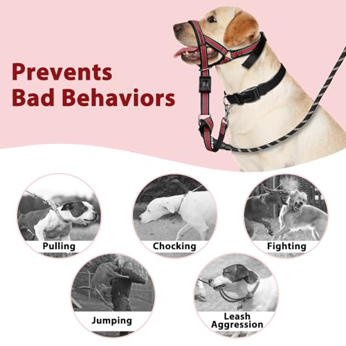 BARKLESS Soft Dog Head Collar - Padded No Pull Head Halter, Red, Size L for Medium Large Dogs