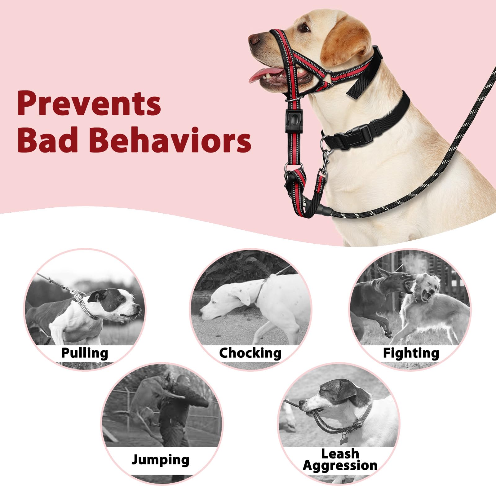 BARKLESS Soft Dog Head Collar - Padded No Pull Head Halter, Red, Size L for Medium Large Dogs