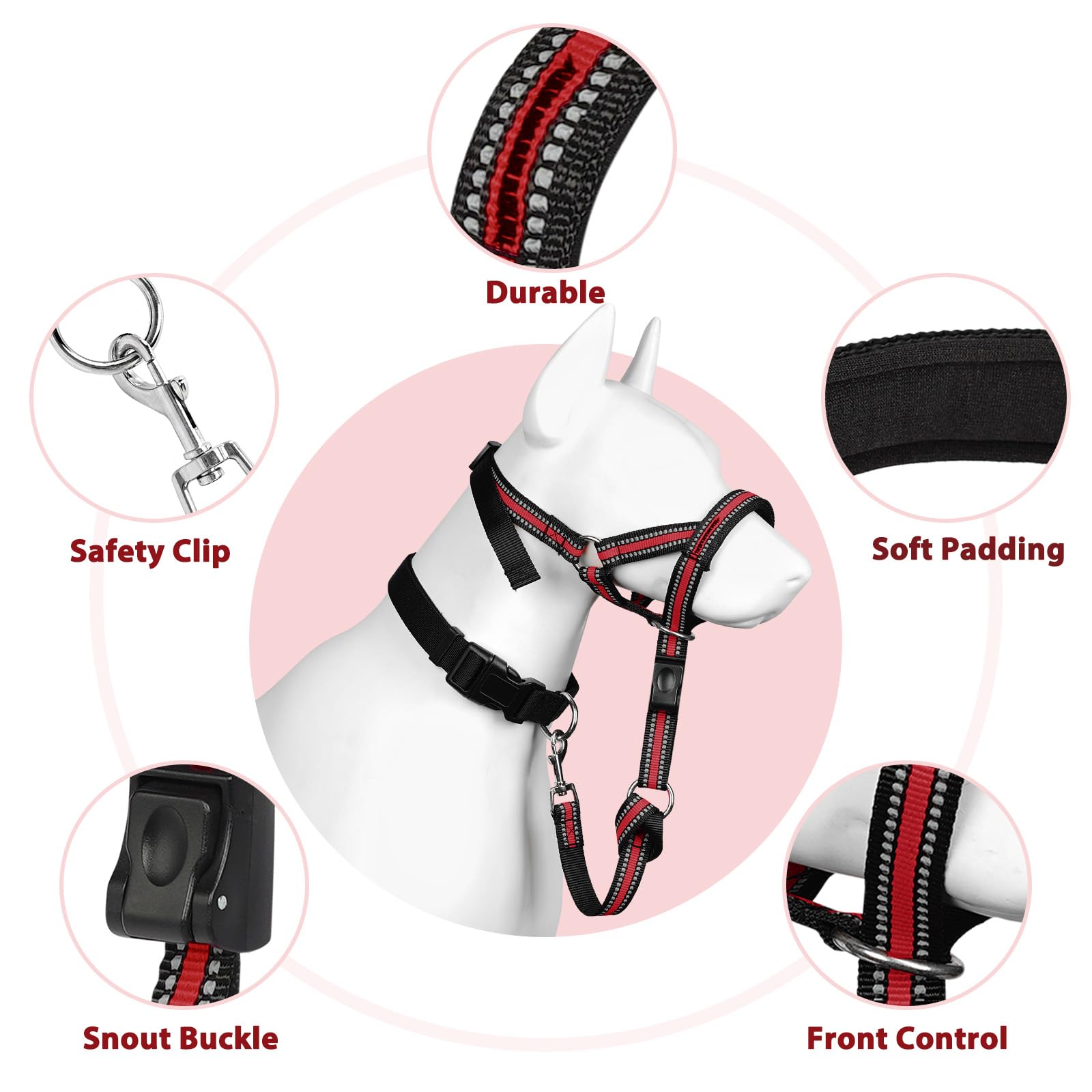 BARKLESS Soft Dog Head Collar - Padded No Pull Head Halter, Red, Size L for Medium Large Dogs