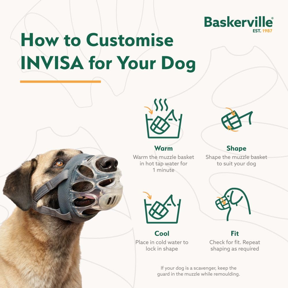 Baskerville INVISA Basket Dog Muzzle Size 4 - Transparent, Heat-Moldable, Anti-Scavenging for Medium Dogs