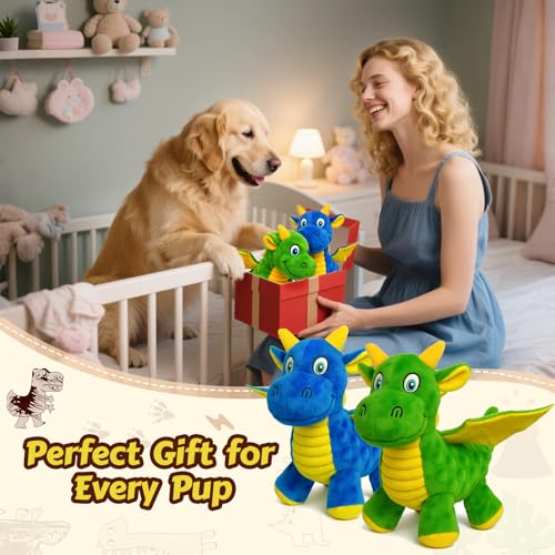 BBeary 2-Pack Dragon Dog Toys: Soft Plush with 5 Squeakers & Crinkle Wings (Green & Blue, 10-Inch)