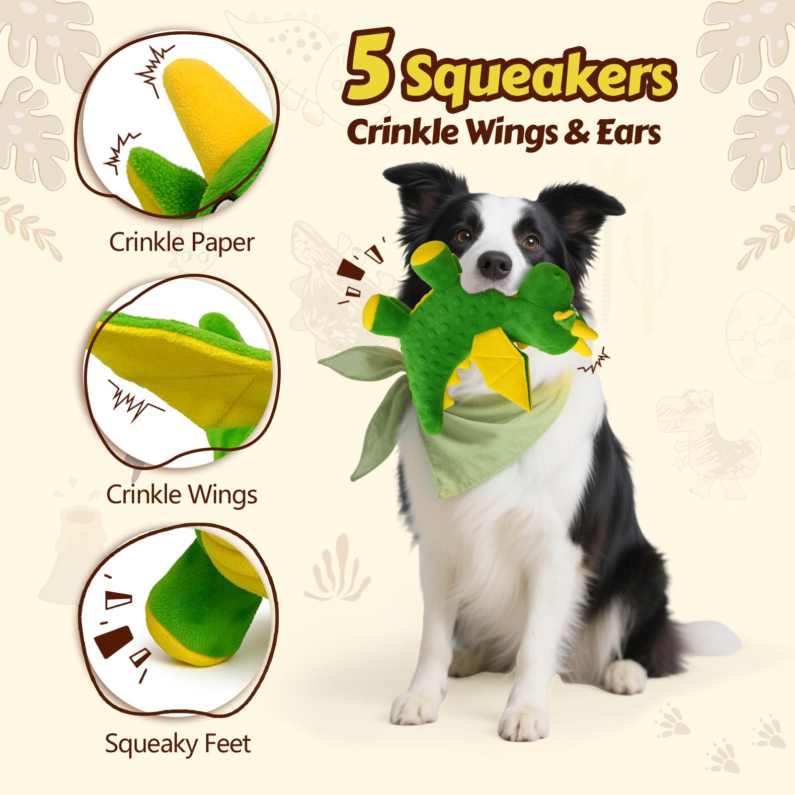 BBeary 2-Pack Dragon Dog Toys: Soft Plush with 5 Squeakers & Crinkle Wings (Green & Blue, 10-Inch)