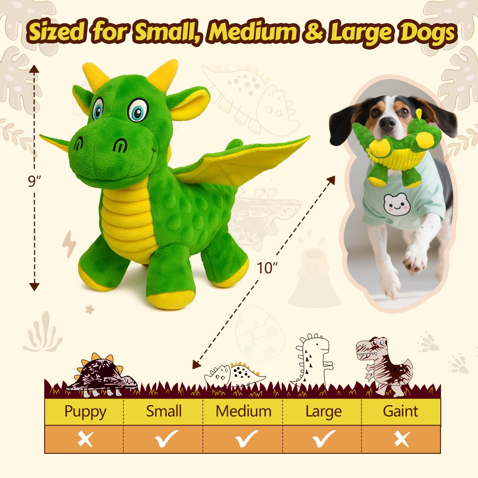 BBeary 2-Pack Dragon Dog Toys: Soft Plush with 5 Squeakers & Crinkle Wings (Green & Blue, 10-Inch)
