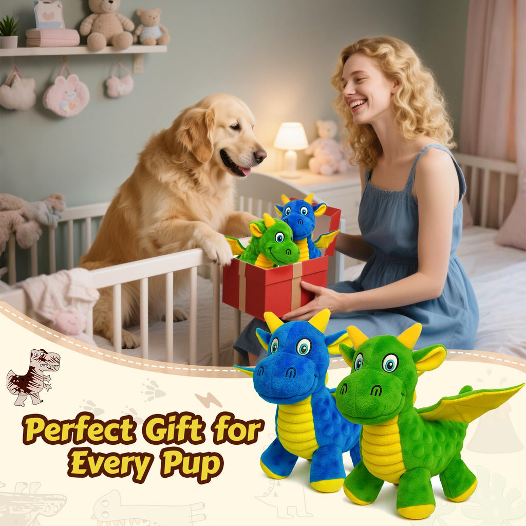 BBeary 2-Pack Dragon Dog Toys: Soft Plush with 5 Squeakers & Crinkle Wings (Green & Blue, 10-Inch)