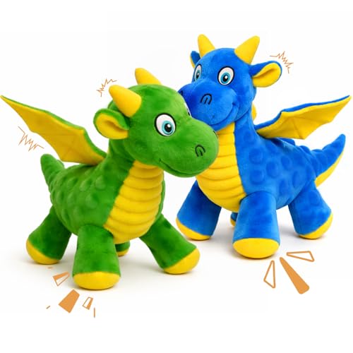 BBeary 2-Pack Dragon Dog Toys: Soft Plush with 5 Squeakers & Crinkle Wings (Green & Blue, 10-Inch)