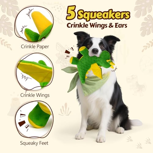 BBeary 2-Pack Dragon Dog Toys: Soft Plush with 5 Squeakers & Crinkle Wings (Green & Blue, 10-Inch)