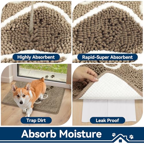 Bcoimo Super Absorbent Chenille Dog Mat – 30x20 inch Non-Slip Washable Pet Rug for Muddy Paws