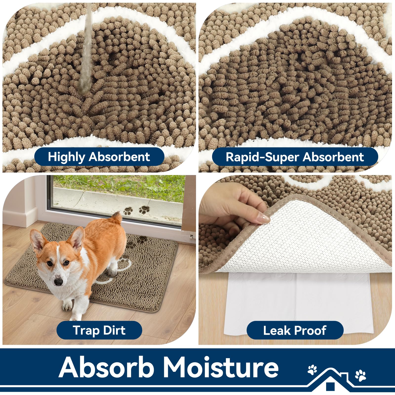Bcoimo Super Absorbent Chenille Dog Mat – 30x20 inch Non-Slip Washable Pet Rug for Muddy Paws