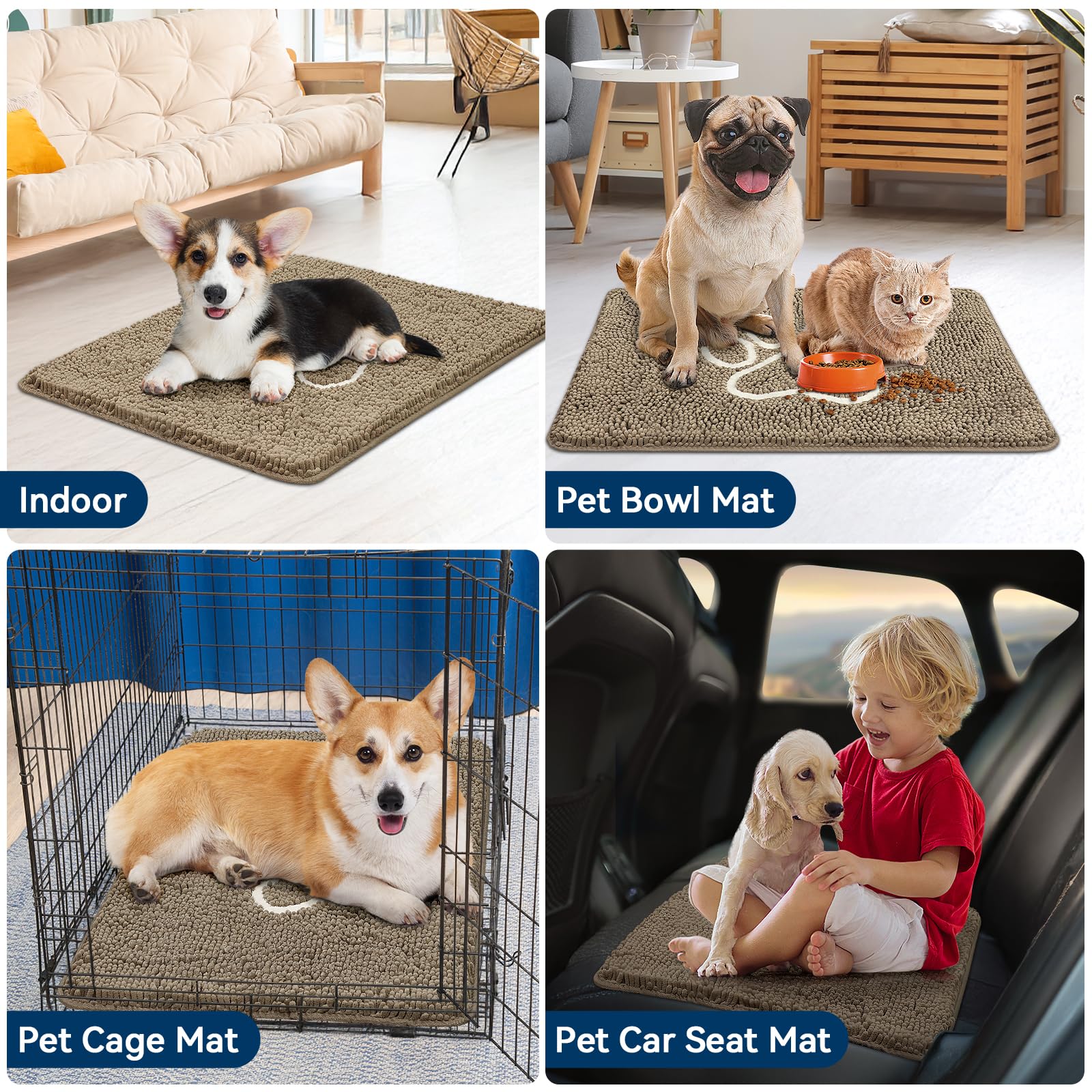 Bcoimo Super Absorbent Chenille Dog Mat – 30x20 inch Non-Slip Washable Pet Rug for Muddy Paws