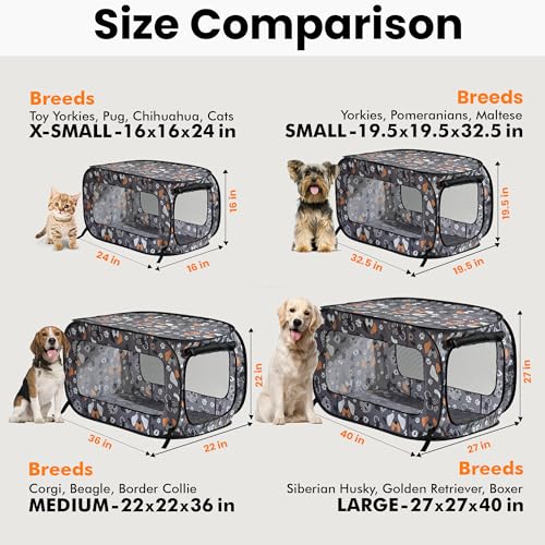 Beatrice Home Fashions Pop Up Dog Crate - Collapsible Travel Kennel for Small to Medium Dogs, 32.5 x 19.5 x 19.5 Inches, Face of Love Pattern