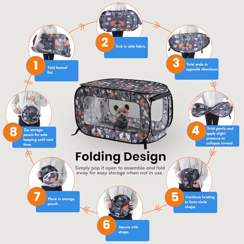 Beatrice Home Fashions Pop Up Dog Crate - Collapsible Travel Kennel for Small to Medium Dogs, 32.5 x 19.5 x 19.5 Inches, Face of Love Pattern