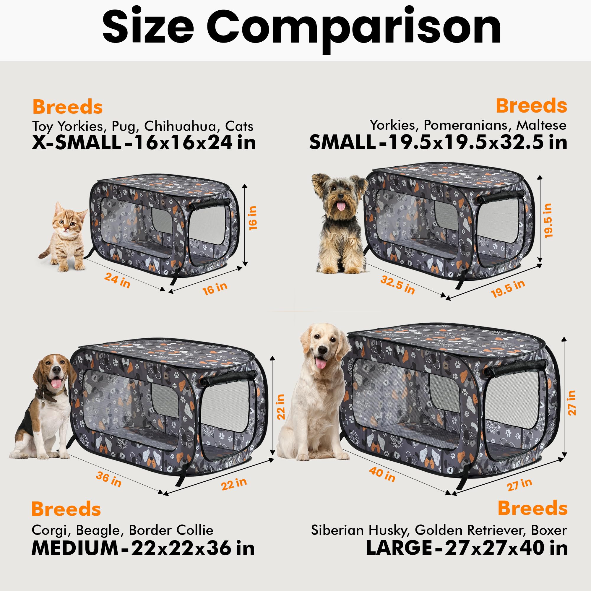 Beatrice Home Fashions Pop Up Dog Crate - Collapsible Travel Kennel for Small to Medium Dogs, 32.5 x 19.5 x 19.5 Inches, Face of Love Pattern