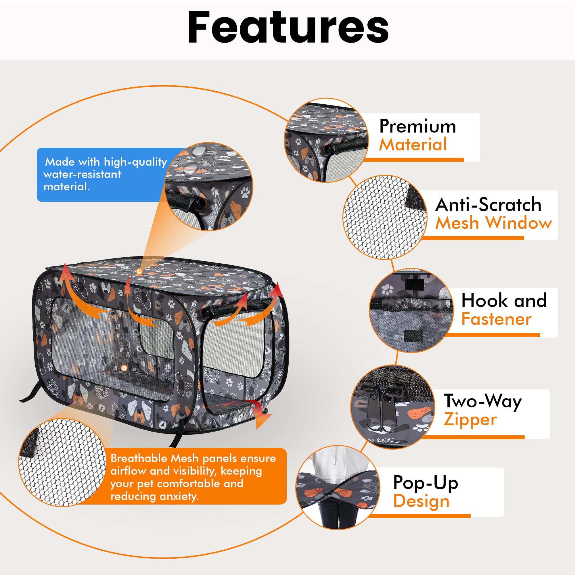Beatrice Home Fashions Pop Up Dog Crate - Collapsible Travel Kennel for Small to Medium Dogs, 32.5 x 19.5 x 19.5 Inches, Face of Love Pattern