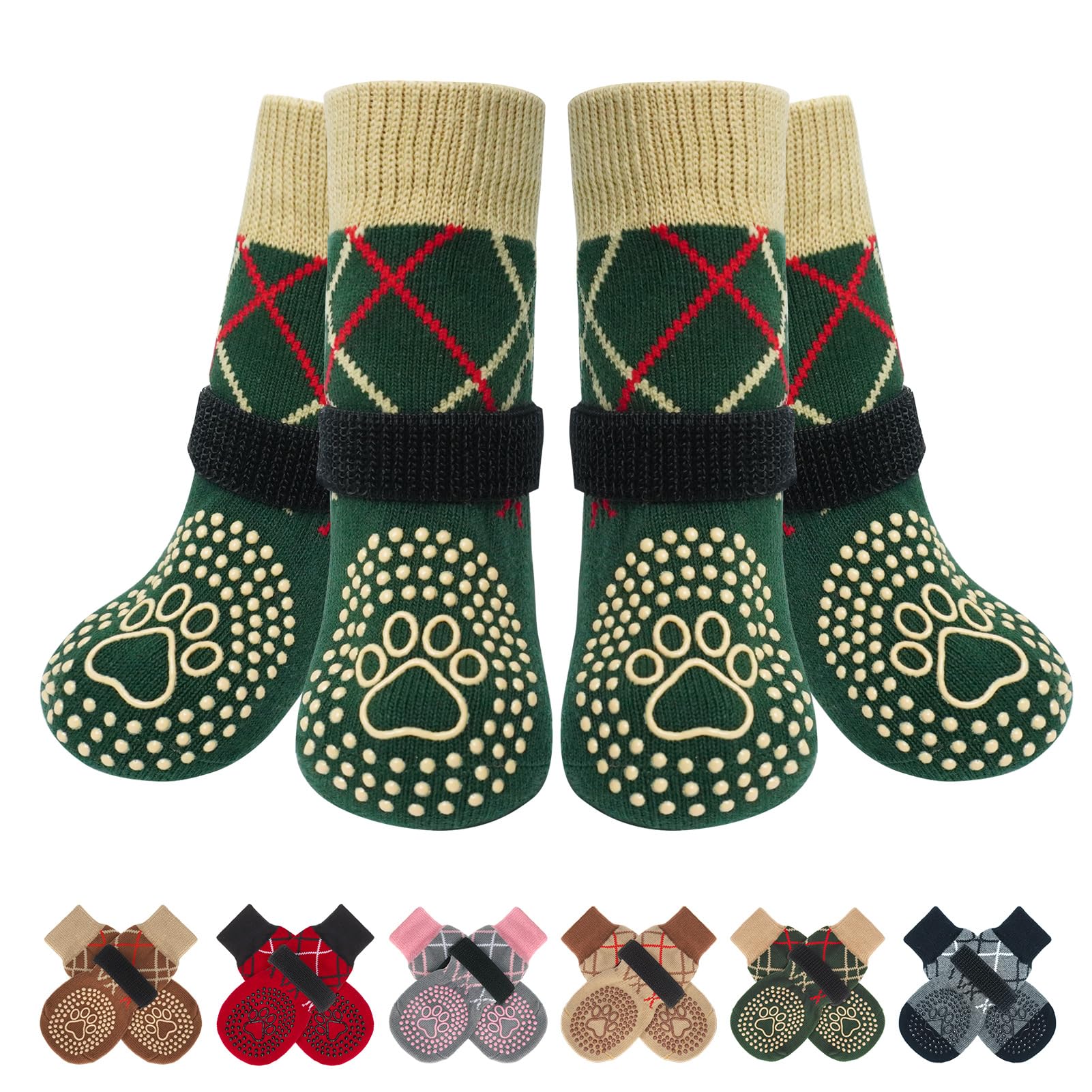 BEAUTYZOO 6-Pack Anti-Slip Dog Socks - Green Medium, Traction Control for Hardwood Floors, Prevents Licking