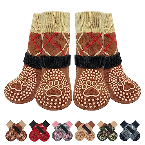 BEAUTYZOO 6 Pack Anti-Slip Dog Socks for Small/Medium Dogs – Brown Paw Protectors with Grips for Hardwood Floors