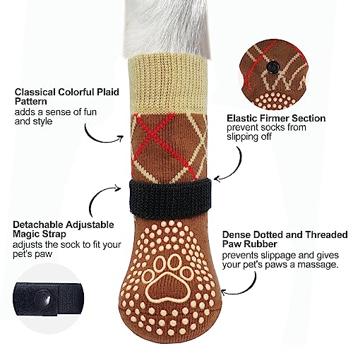 BEAUTYZOO 6 Pack Anti-Slip Dog Socks for Small/Medium Dogs – Brown Paw Protectors with Grips for Hardwood Floors