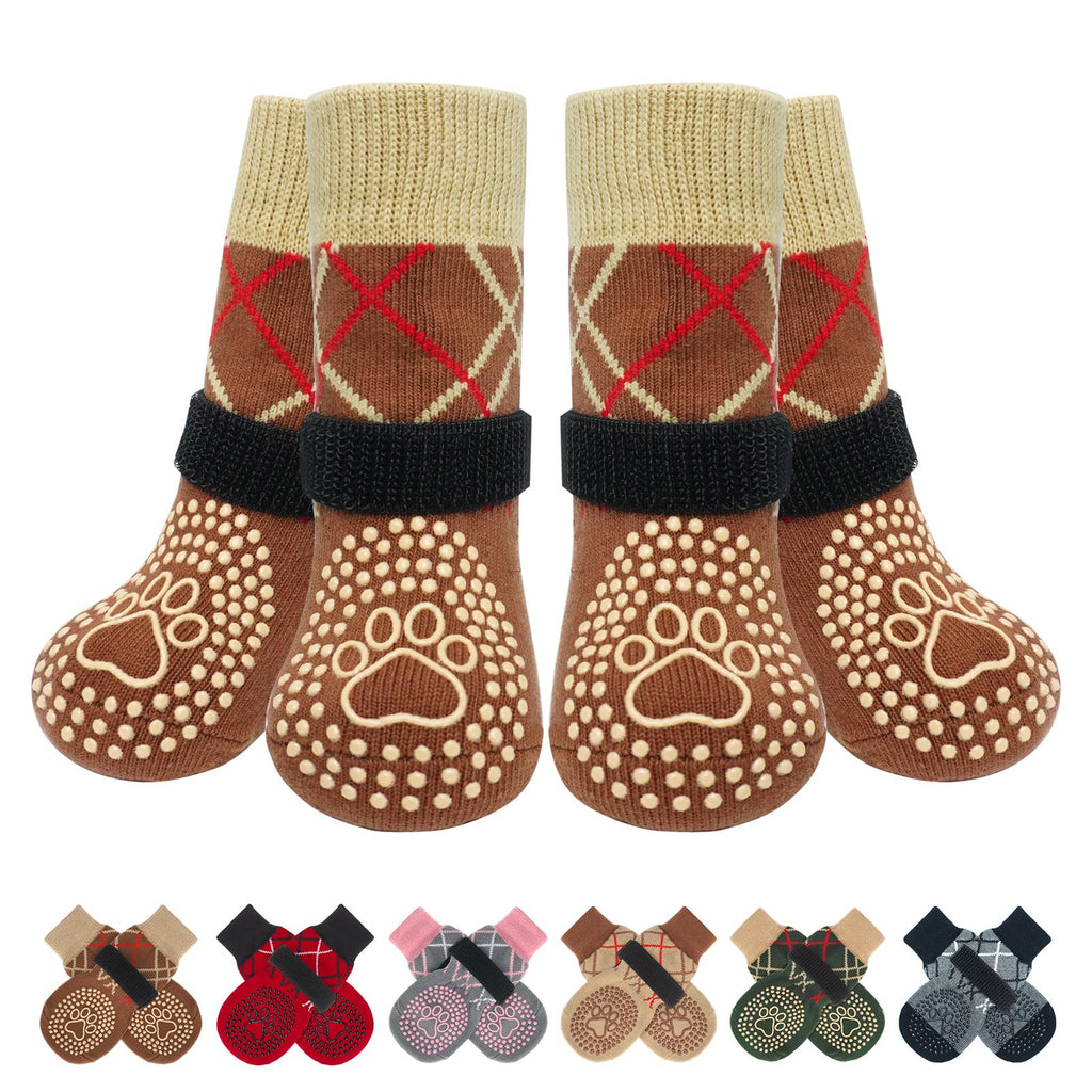 BEAUTYZOO 6 Pack Anti-Slip Dog Socks for Small/Medium Dogs – Brown Paw Protectors with Grips for Hardwood Floors