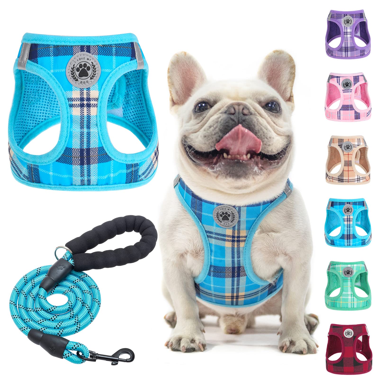 BEAUTYZOO Blue Plaid Dog Harness and Leash Set - Step-In No Choke No Pull, Reflective Vest Harness for Small Medium Dogs, Chest Girth 16-18 Inches
