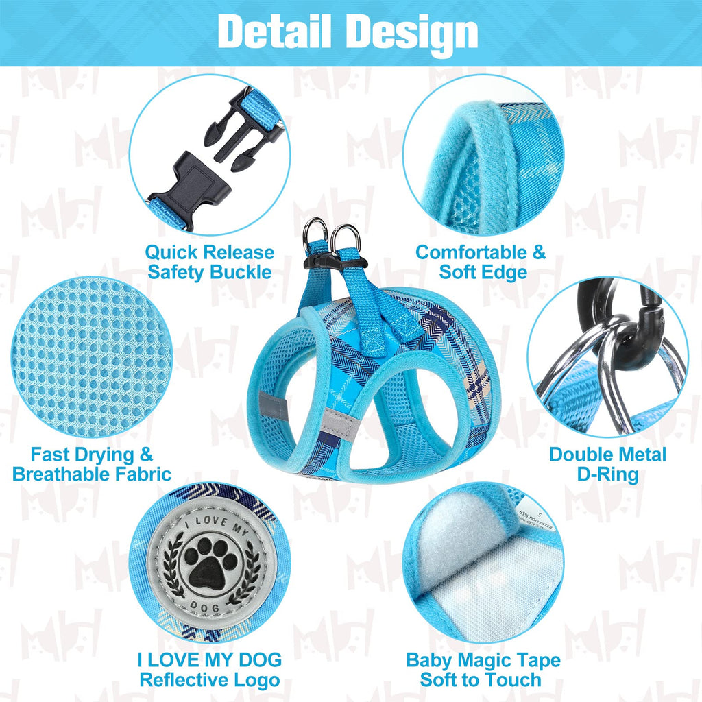 BEAUTYZOO Blue Plaid Dog Harness and Leash Set - Step-In No Choke No Pull, Reflective Vest Harness for Small Medium Dogs, Chest Girth 16-18 Inches