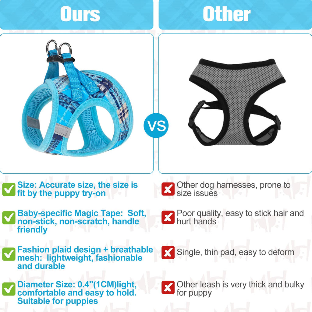 BEAUTYZOO Blue Plaid Dog Harness and Leash Set - Step-In No Choke No Pull, Reflective Vest Harness for Small Medium Dogs, Chest Girth 16-18 Inches