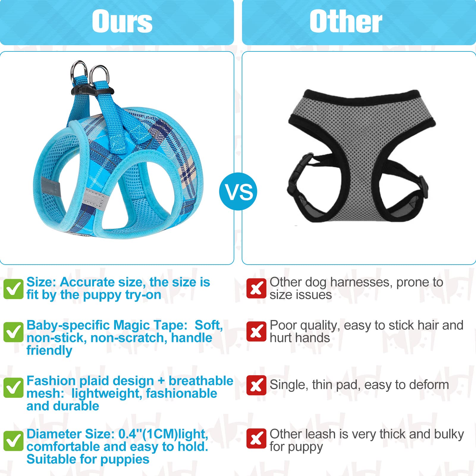 BEAUTYZOO Blue Plaid Dog Harness and Leash Set - Step-In No Choke No Pull, Reflective Vest Harness for Small Medium Dogs, Chest Girth 16-18 Inches