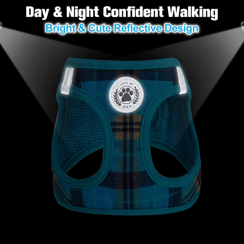 BEAUTYZOO Blue Plaid Dog Harness and Leash Set - Step-In No Choke No Pull, Reflective Vest Harness for Small Medium Dogs, Chest Girth 16-18 Inches
