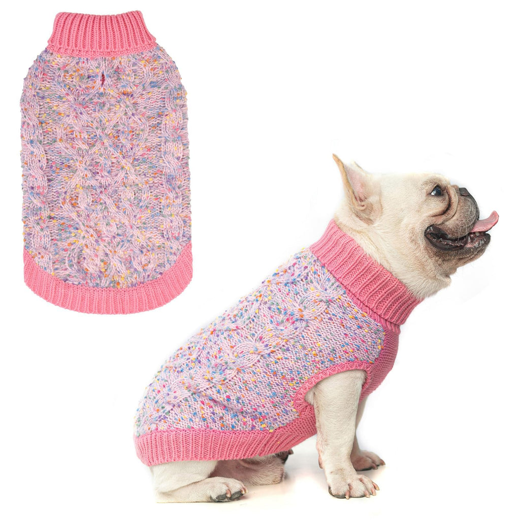 BEAUTYZOO Cable Knit Dog Sweater - Color Block Turtleneck with Dots for Small to Medium Dogs, M Pink