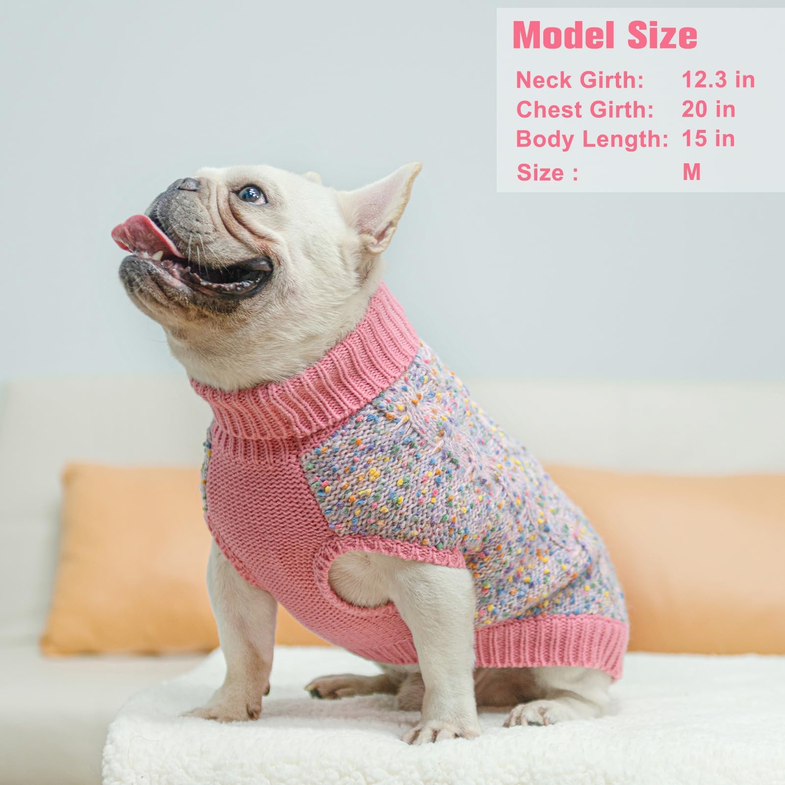 BEAUTYZOO Cable Knit Dog Sweater - Color Block Turtleneck with Dots for Small to Medium Dogs, M Pink
