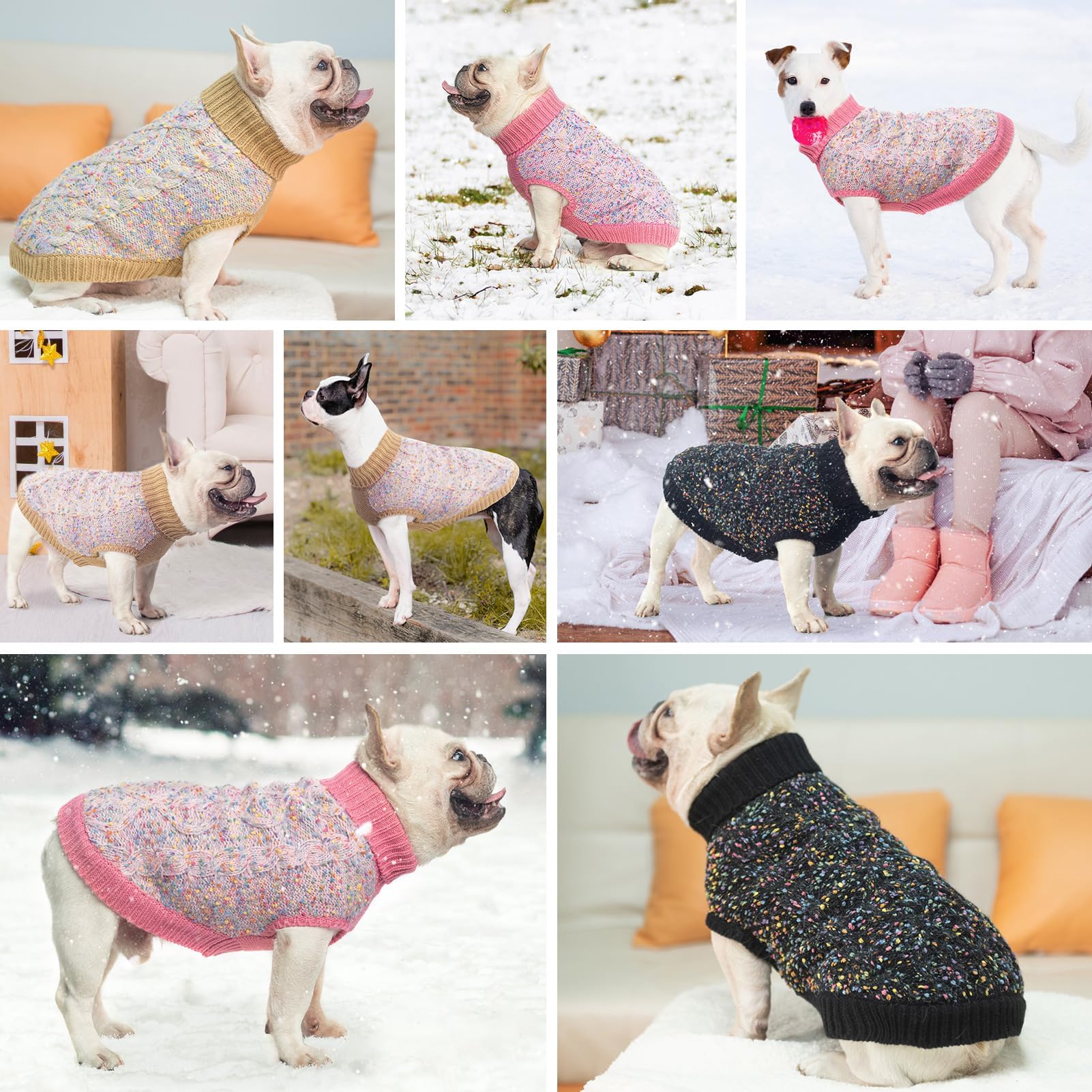 BEAUTYZOO Cable Knit Dog Sweater - Color Block Turtleneck with Dots for Small to Medium Dogs, M Pink