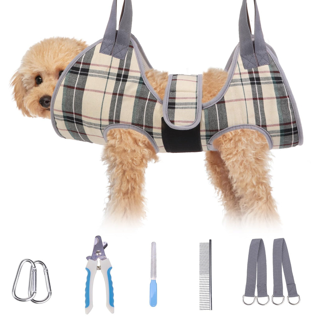 BEAUTYZOO Dog Grooming Hammock for Small Dogs & Cats – Beige XS – Includes Clippers & Safety Strap