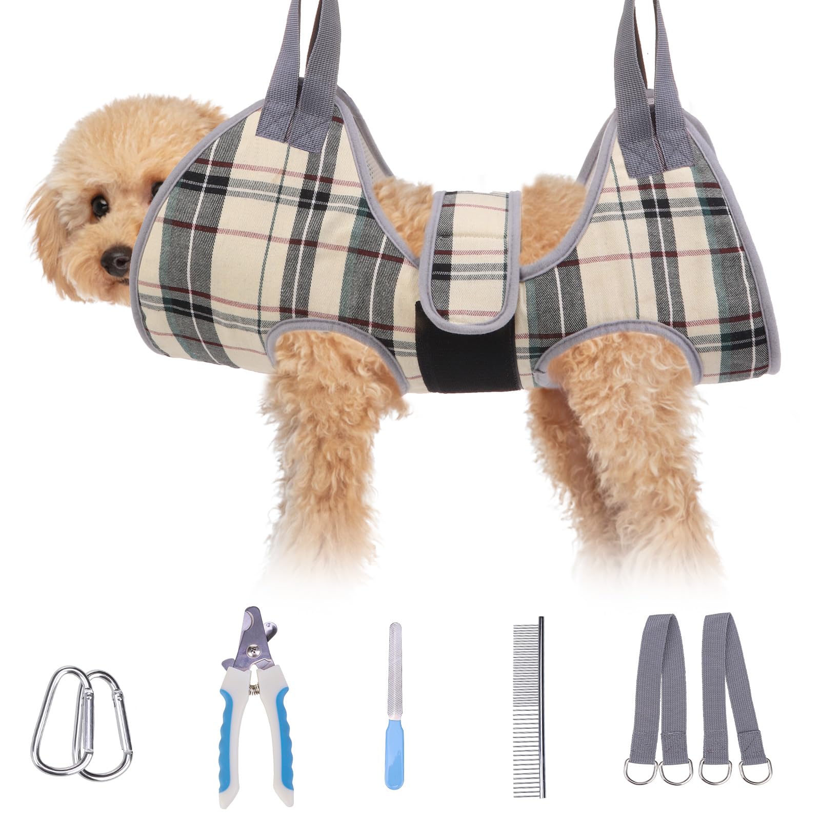 BEAUTYZOO Dog Grooming Hammock for Small Dogs & Cats – Beige XS – Includes Clippers & Safety Strap