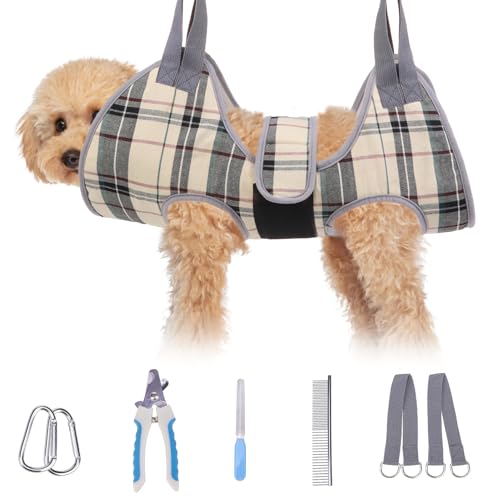 BEAUTYZOO Dog Grooming Hammock for Small Dogs & Cats – Beige XS – Includes Clippers & Safety Strap