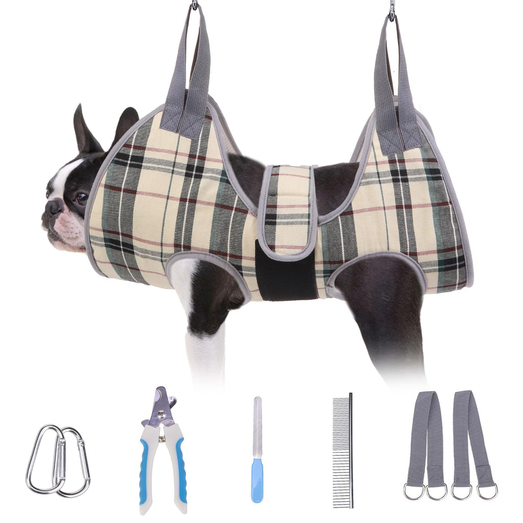 BEAUTYZOO Dog Grooming Hammock for Small Dogs & Cats – Nail Trimming Sling with Safety Strap, Clippers, and File, Beige, Size S