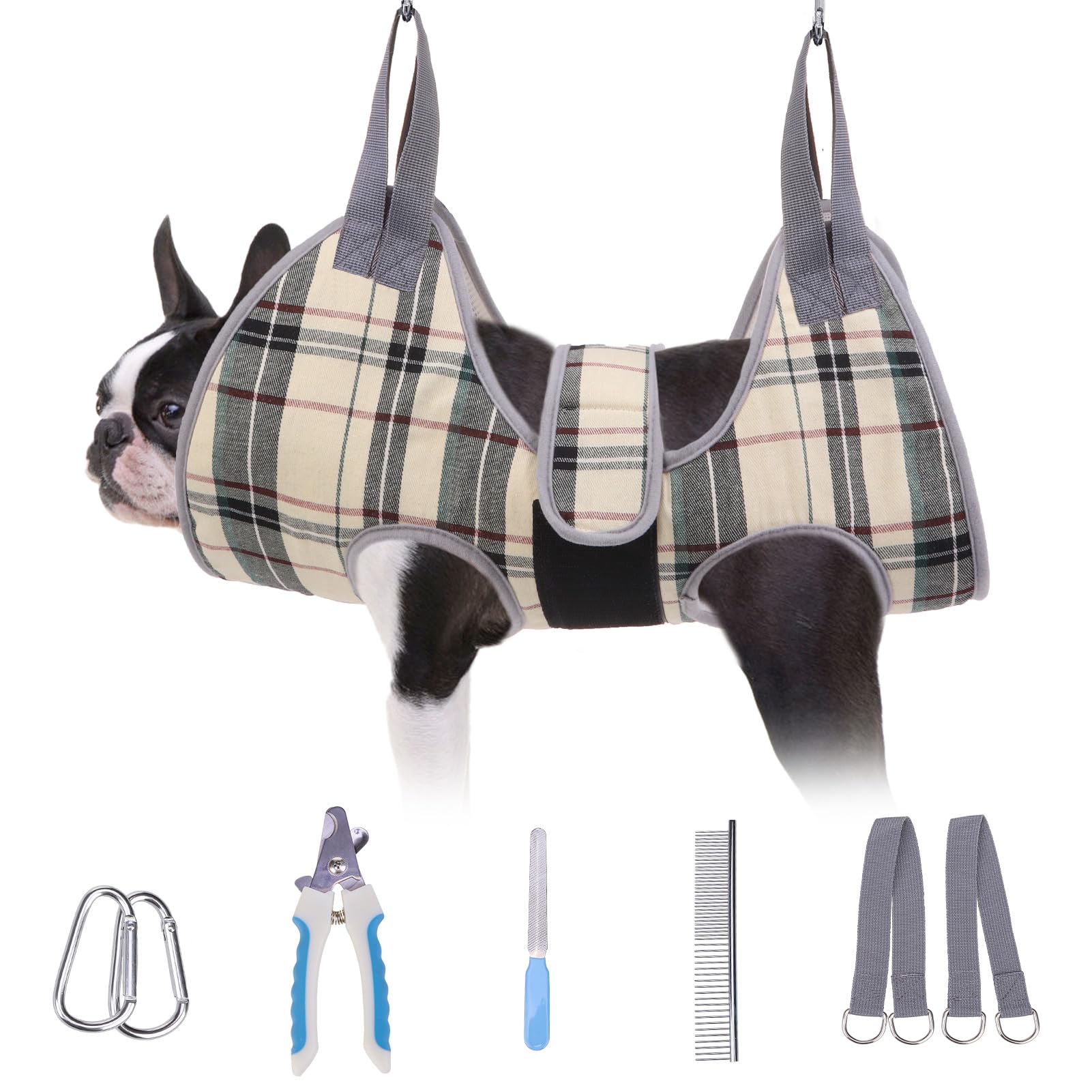BEAUTYZOO Dog Grooming Hammock for Small Dogs & Cats – Nail Trimming Sling with Safety Strap, Clippers, and File, Beige, Size S