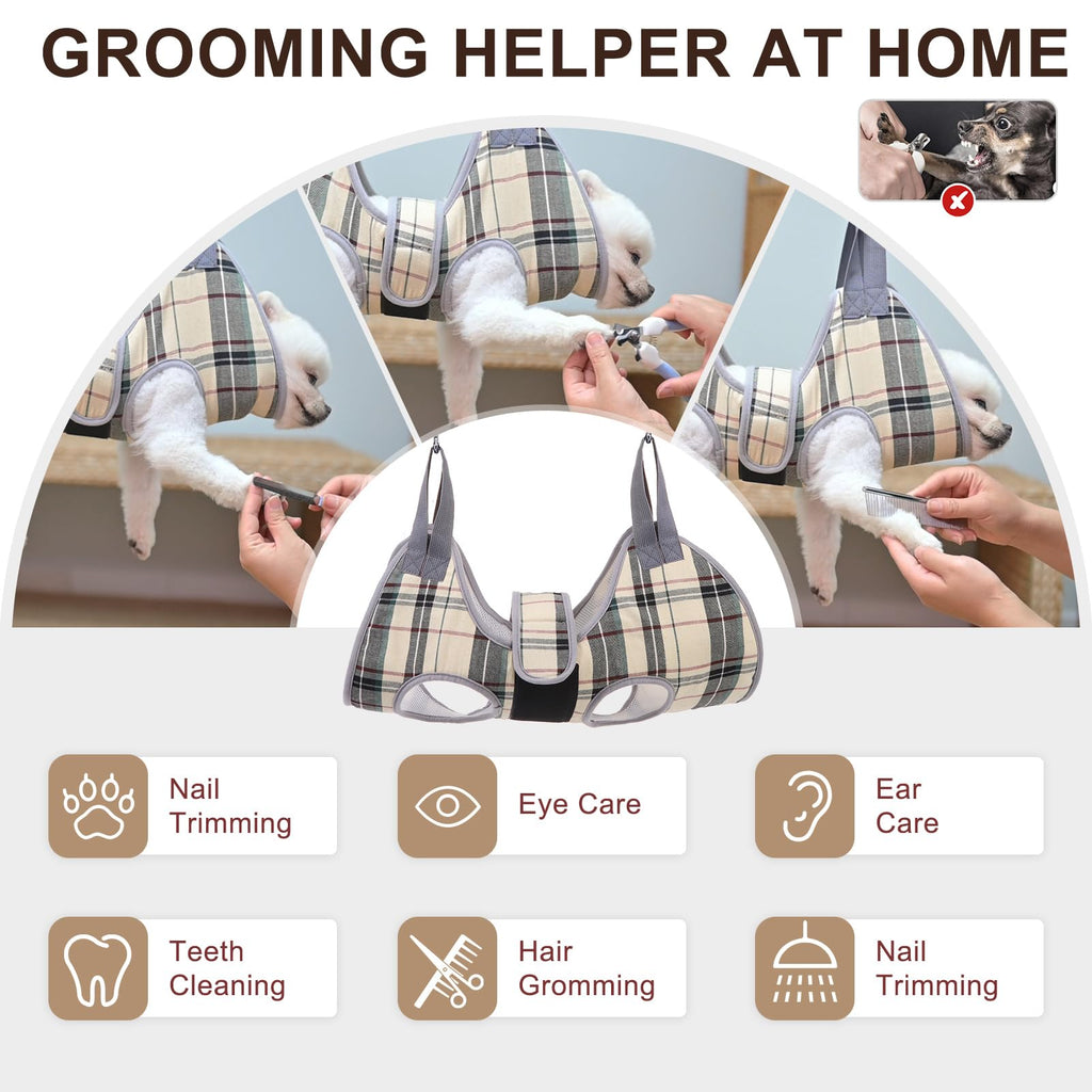 BEAUTYZOO Dog Grooming Hammock for Small Dogs & Cats – Nail Trimming Sling with Safety Strap, Clippers, and File, Beige, Size S