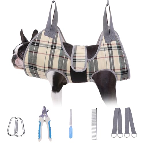BEAUTYZOO Dog Grooming Hammock for Small Dogs & Cats – Nail Trimming Sling with Safety Strap, Clippers, and File, Beige, Size S